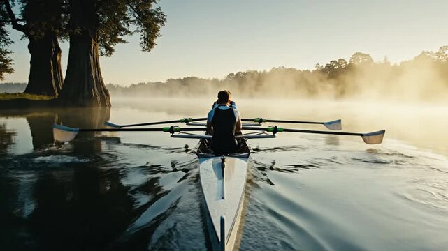 Athlete rowing single scull on calm misty lake at sunrise