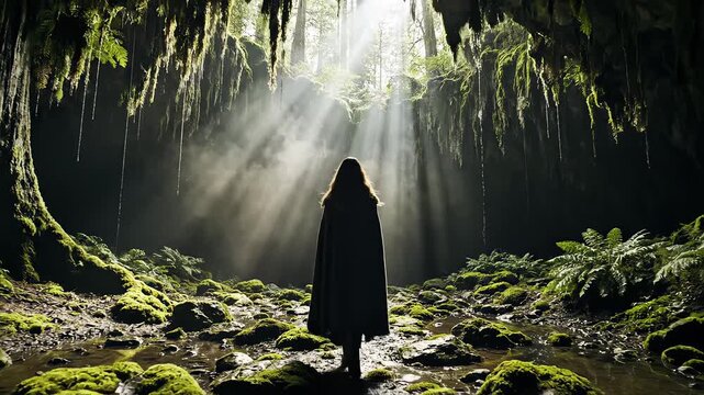 Person in cloak inside mossy cave