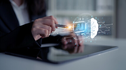 Concept of artificial intelligence and machine learning. A central processor transfers information...