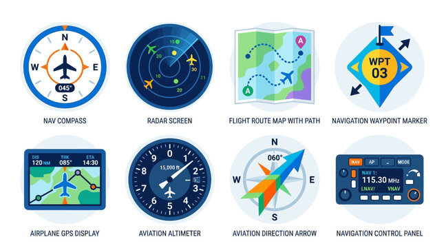 Vector graphics of various aviation navigation screens and controls on a flight deck display.
