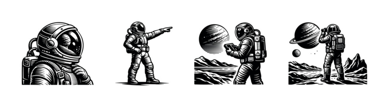Black and white vector illustration of astronauts exploring alien planet with space elements
