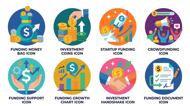 Vector illustrations of various funding icons including money bags, growth charts, and handshake symbols arranged in a colorful circular pattern.
