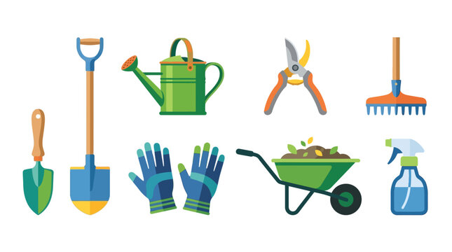 Gardening tools vector illustration set for landscaping and yard work including wheelbarrow and gloves on a farm.