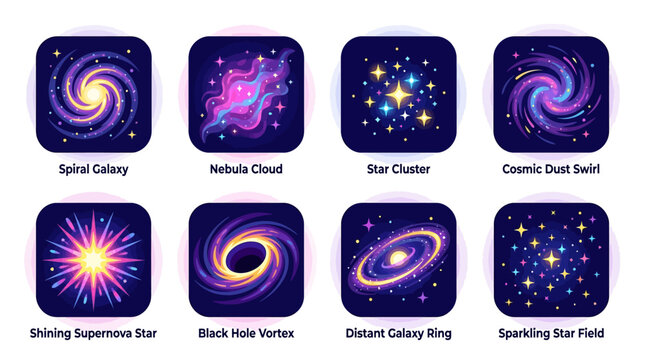 Vector illustration of various celestial objects including galaxies, nebulas, and stars in a vibrant cosmic environment with sparkling dust.