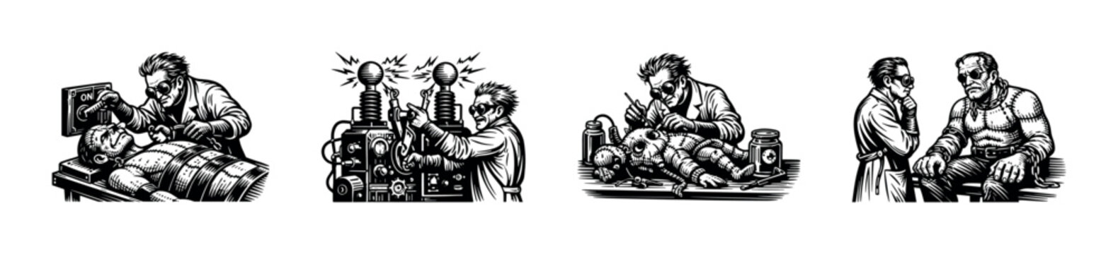 Mad scientist laboratory scene illustration, black and white vintage silhouette, vector art