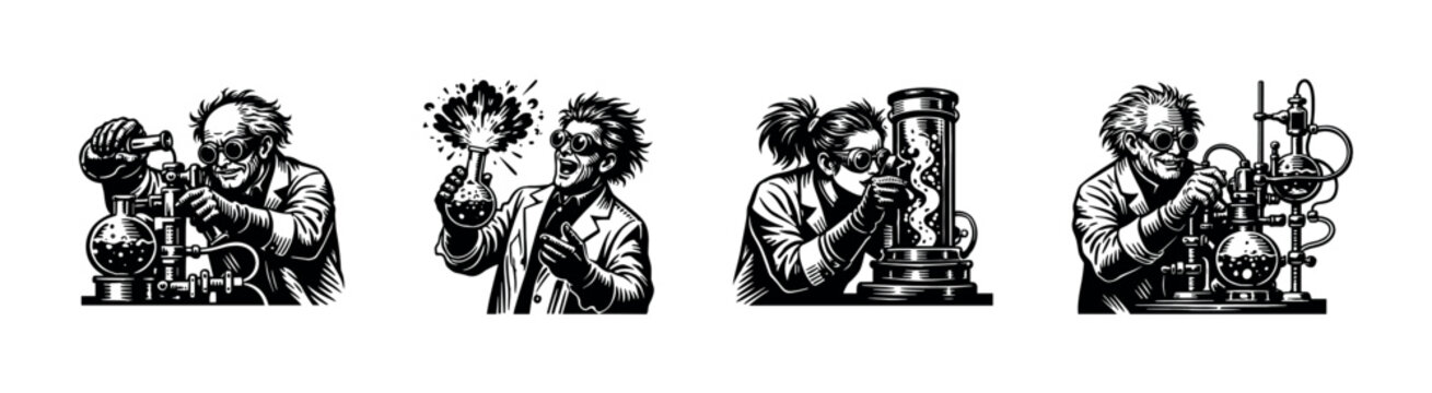 Retro black and white mad scientist illustrations, science experiment silhouette vector art