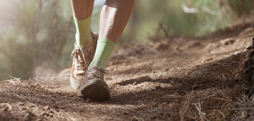 Walking or running exercise legs on rocky footpath in bright forest achievement fitness adventure and exercising in spring or summer nature motivation and inspirational activity