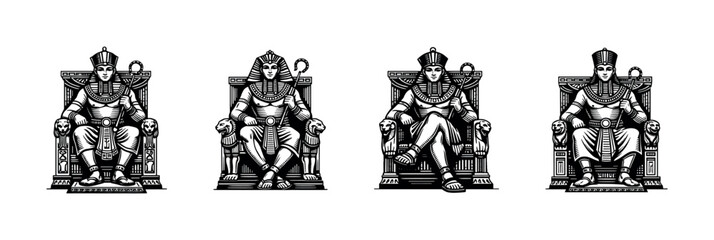 Fototapeta premium Ancient egyptian pharaoh sitting on throne vector illustration black and white silhouette
