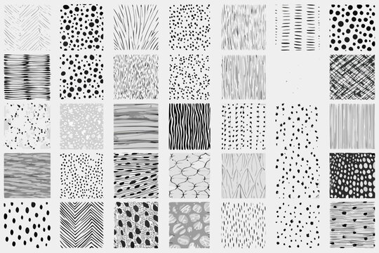 Collection of hand drawn black and white abstract patterns and textures