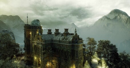 abandoned castle rooftop under fading dusk light. crumbling turrets and overgrown ivy create haunting silhouettes, broken chimneys and mossy stones suggest slow © icetray