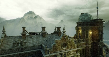 Gothic manor rooftop framed by mountains and low clouds, ornate spires and turrets rising above steep eaves, moody twilight palette highlighting weathered stone © icetray