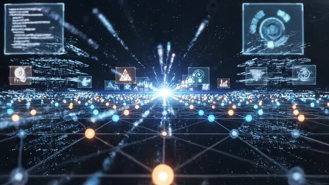 Futuristic digital network with data visualizations