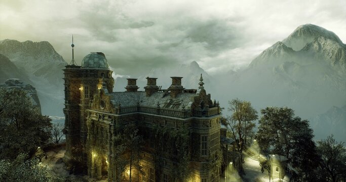 abandoned castle rooftop under fading dusk light. crumbling turrets and overgrown ivy create haunting silhouettes, broken chimneys and mossy stones suggest slow