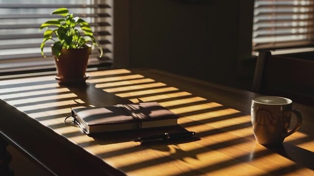 A Moment of Reflection: Soft sunlight streams through blinds, casting long shadows across a wooden table adorned with a journal, glasses, a potted plant, and a warm cup of coffee.