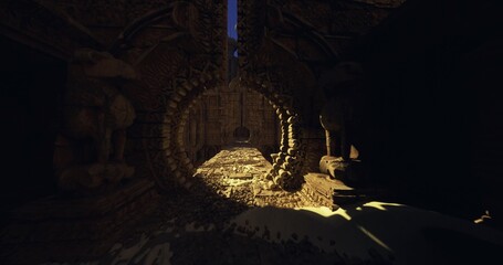 Golden hoard glowing in dark chamber, beam illuminating scattered coins and ornate chest against carved stone walls, dust motes drifting through warm spotlight, © icetray