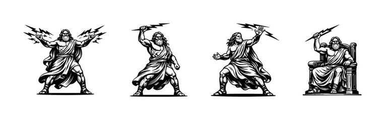Obraz premium Ancient greek god zeus illustrations, mythological vector art, black and white silhouette collection