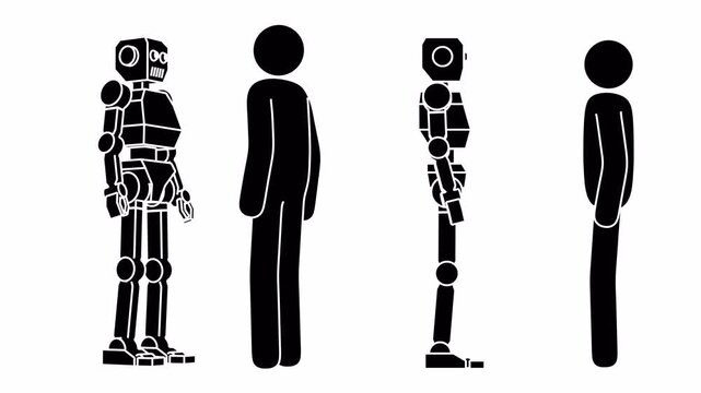 Pictogram robot and a human stickman shaking hands. Minimal black silhouette characters isolated on transparent background with alpha channel.