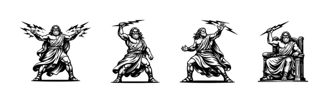 Ancient greek god zeus illustrations, mythological vector art, black and white silhouette collection