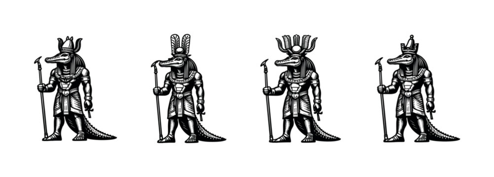 Vector illustration of ancient egyptian crocodile god sobek silhouette in ornate attire
