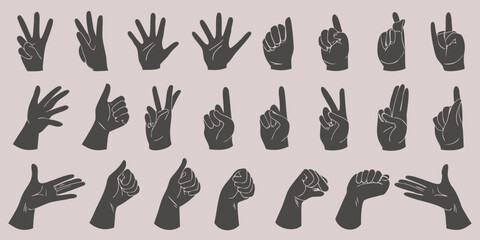 Obraz premium Collection of diverse hand gestures in a minimalist monochromatic style