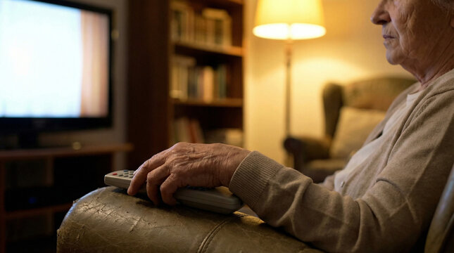 Elderly person holding remote control watching television indoors