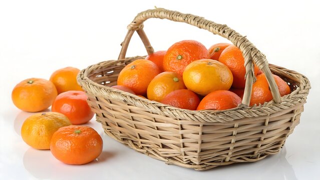 Wicker basket with sweet mandarins on white backgroundorange, fruit, food, citrus, bowl, juice, green, basket, diet, white, isolated, health, organic, vitamin, juicy, fresh, tropical, sweet, leaf, ora