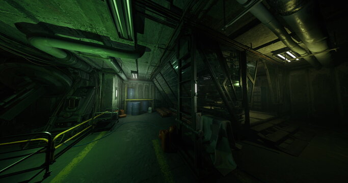 rusted submarine engine corridor with bulkhead, green emergency lights, turbine casings and maintenance ladders, dripping condensate, heavy rivets and worn