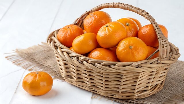 Wicker basket with sweet mandarins on white backgroundorange, fruit, food, citrus, bowl, juice, green, basket, diet, white, isolated, health, organic, vitamin, juicy, fresh, tropical, sweet, leaf, ora