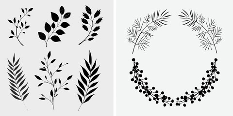 Black and white botanical illustrations of various leaf and branch arrangements © Partha