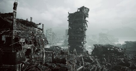 Obraz premium ruined coastal tower amid rubble and fog, collapsed concrete, moss growth, overturned structures, distant sea silhouette, bleak salvage and exploration mood