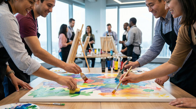 Smiling colleagues painting collaborative canvas in office workshop