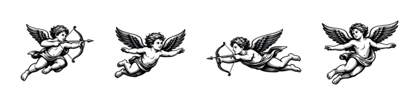 Vintage illustrations of flying cherubs with bows and arrows black and white vector clipart