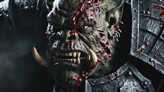 Fierce orc warrior with blood stained face and metal armor. Fantasy monster breathing steam in battle. Cinematic close up portrait of green creature in armor.