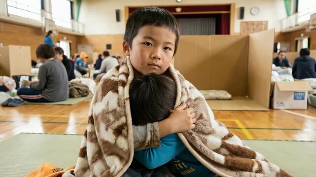 身を寄せ合って過ごす幼い日本人兄弟の避難生活