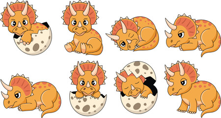 Cartoon illustration of a cute baby triceratops in various poses, including hatching from an egg and resting © MdIbrahimIslam