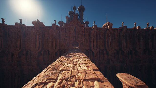 Sunlit fortress walkway heading toward gate, bright midday sun illuminating textured sandstone ramparts, distant skyline punctuated by turrets and battlements,