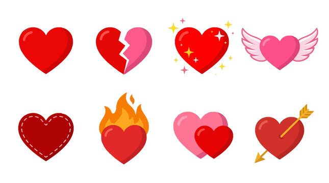 A vibrant vector illustration of various heart emojis scattered across a clean digital canvas, showcasing emotions through diverse symbols and colors.