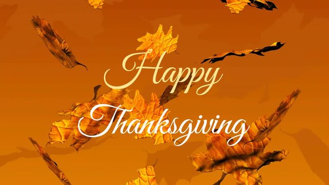 Animation of happy thanksgiving text over falling leaves