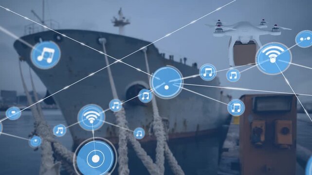 Animation of networks of connections and digital drone with icons over port