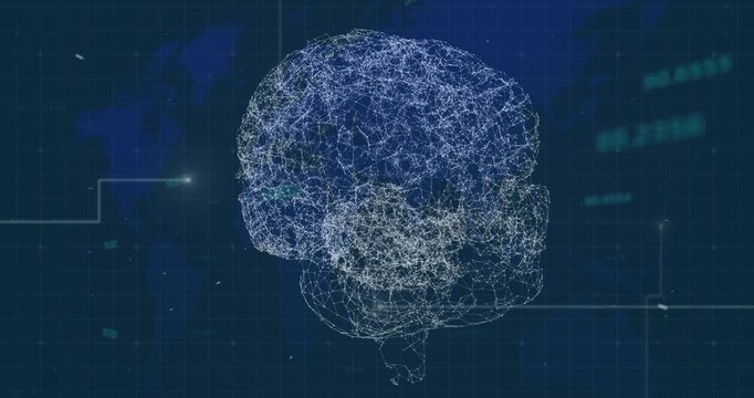 Animation of rotating brain with connections over world map and diverse data