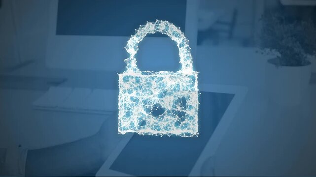 Animation of digital padlock over computers in office