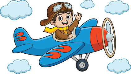 Cartoon illustration of a boy flying a blue airplane with goggles and a scarf, surrounded by fluffy clouds in a playful style © MdIbrahimIslam