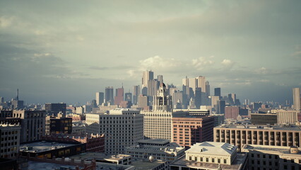 Fototapeta premium Sunlit distant skyline with rooftops, broad urban panorama, modern skyscrapers clustered on horizon, warm golden light casting long shadows across brick