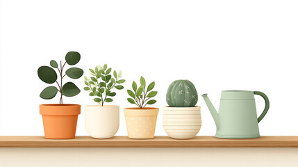 Obraz premium Variety of potted plants with watering can on wooden shelf home decor