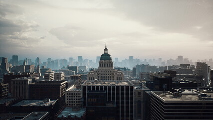 Obraz premium overcast city skyline with dome wide panoramic drone sweep across metropolitan rooftops, pale morning sun casting soft glow through haze, distant skyscrapers