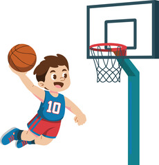 Cartoon illustration of a young boy performing a slam dunk in basketball, perfect for sports and children’s content © MdIbrahimIslam