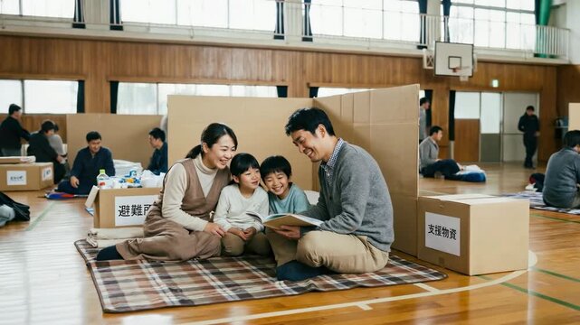 震災後の不自由な避難生活の中で寄り添い笑顔で読書を楽しむ親子