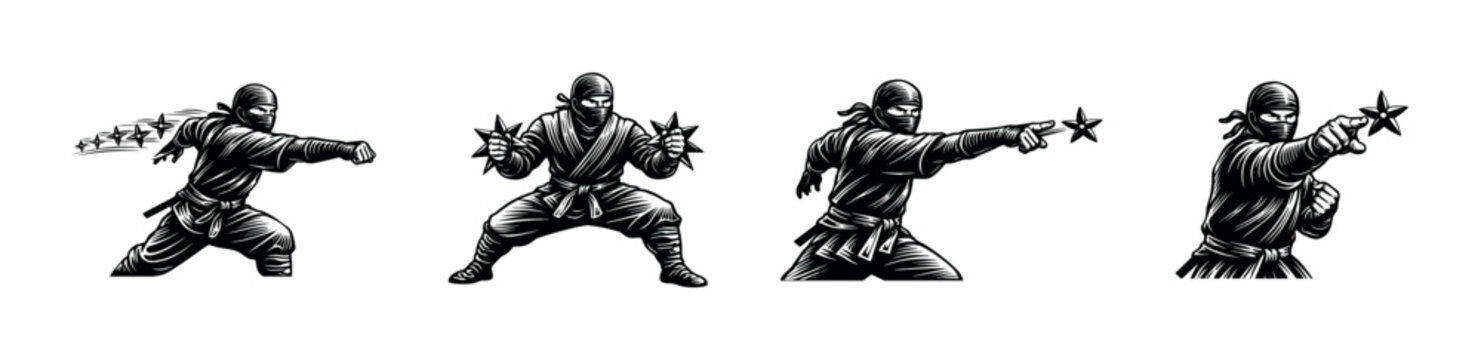 Ninja throwing star illustration, martial arts black and white vector silhouette design