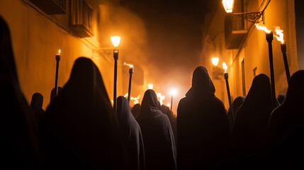 Fototapeta na wymiar Hooded figures processing through a dark street carrying burning torches and candles in a solemn nighttime parade