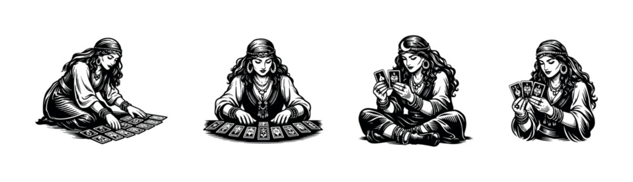 Gypsy fortune teller illustrations, tarot card reading, black and white vector art, silhouette designs